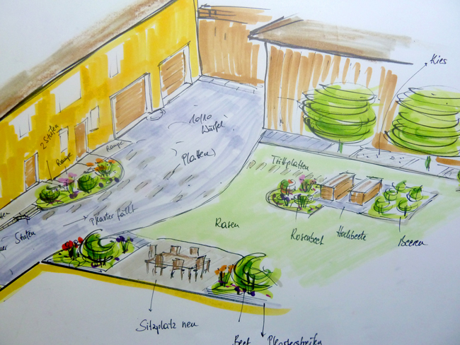 Plan einer Umgestaltung im Hof eines Gebäudes, Pflanzenbeete, Sitzplatz und Pflasterung